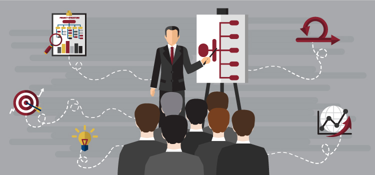 Business man presenting data on an organization chart to a group of people in business attire. Icons are spread throughout the background symbolizing growth.