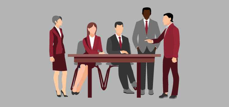 Illustration of men and women in business attire, two sitting and two standing, receiving delegated responsibilities from a fifth person in leadership.