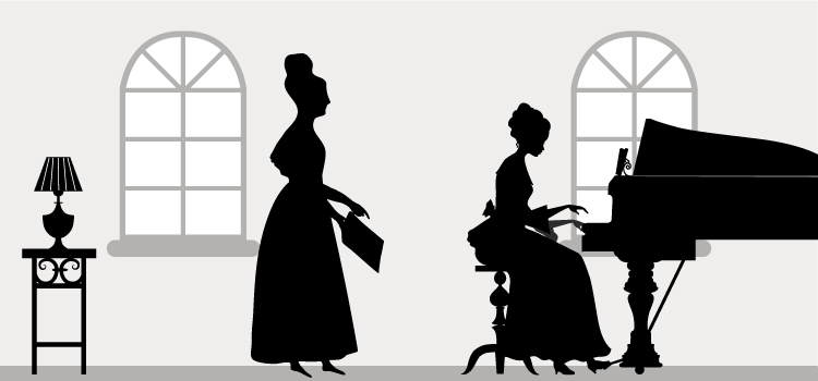 Silhouette landscape image of two women in 19th century clothes. One instructing and the other playing piano.