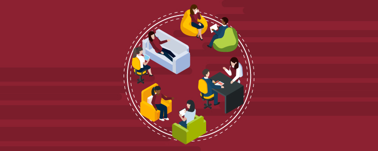 Illustration of social workers and their clients in various settings: at a formal desk; being counseled on a couch; having a face to face discussion in easy chairs; etc.