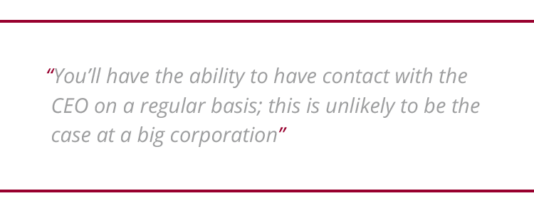 Image of graphic quotation: "You'll have the ability to have contact with the CEO on a regular basis; this is unlikely to be the case at a big corporation"