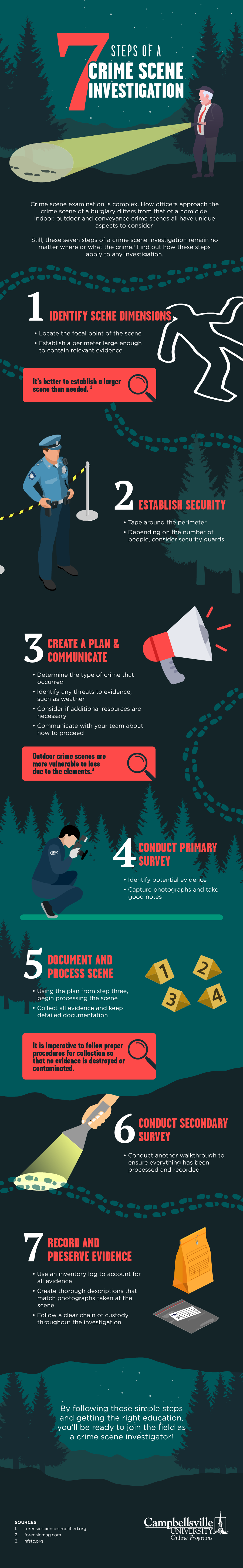 Illustrated infographic with an outdoor, wooded, night time theme which shows investigators working through the 7 steps of a crime scene investigation.