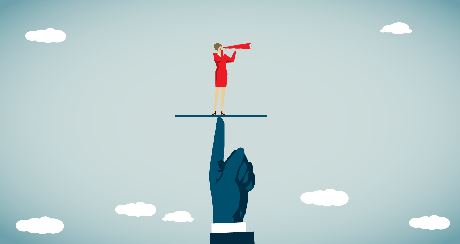 Illustration of a woman business leader holding a megaphone on a raised platform.