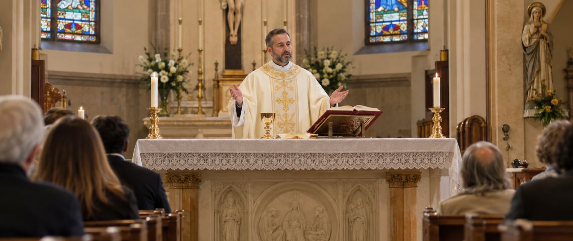 Catholic priest in white vestments blessing congregation at altar