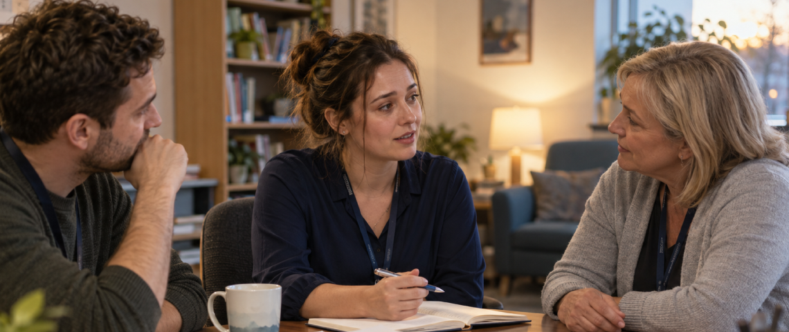 Social worker with notebook talking with two colleagues at a table in a warm, book-filled office
