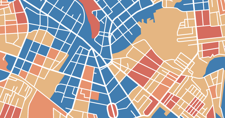 Illustration representing a crime map, like those used by crime analysts, with area of criminal activity indicated by yellow, orange, and red areas.