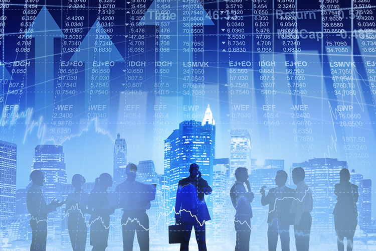 Business man standing in front of The New York Stock Exchange