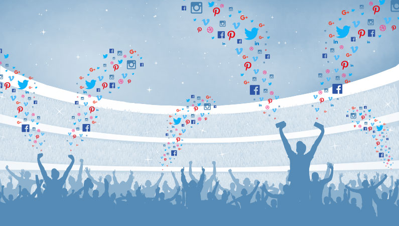 Sports fans in a stadium with social media icons bursting from their mobile phones 