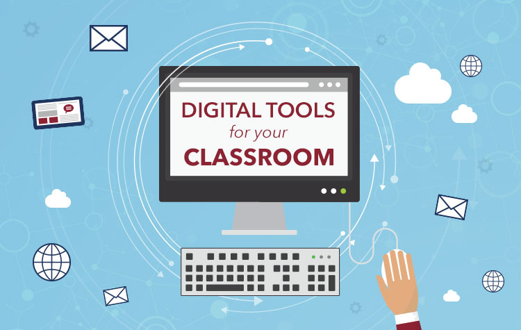 illustration of screen, keyboard, and mouse with user's hand representing use of digital tools for classroom learning
