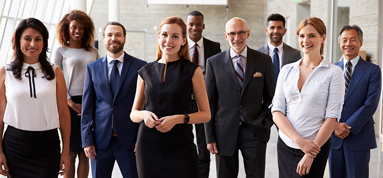 Mixed group of business men and women of various ages.