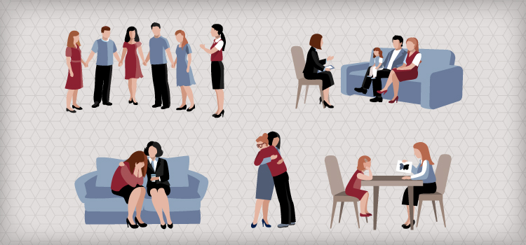 Collage of illustrations showing social workers in various settings.